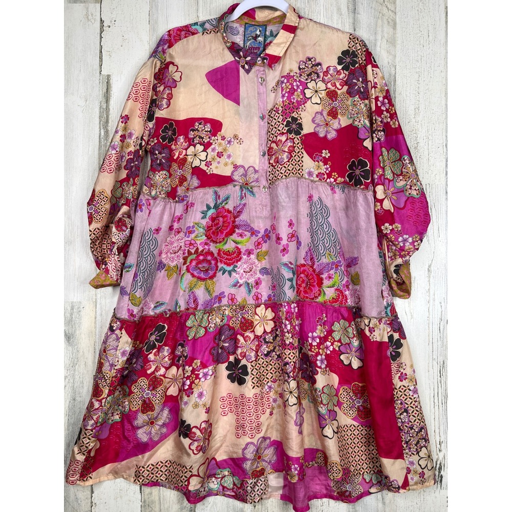Johnny Was Silk Patchwork Floral Yama Jasmine Tiered Dress Women Large MSRP $248 - Picture 13 of 16